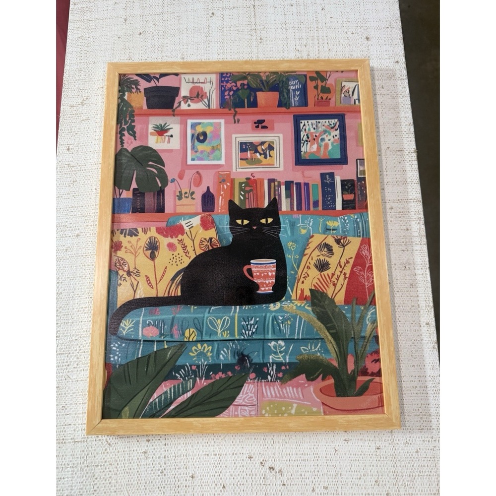 Framed Black Cat With Coffee Cup Boho Colorful Wall Art Home Decor 12x16